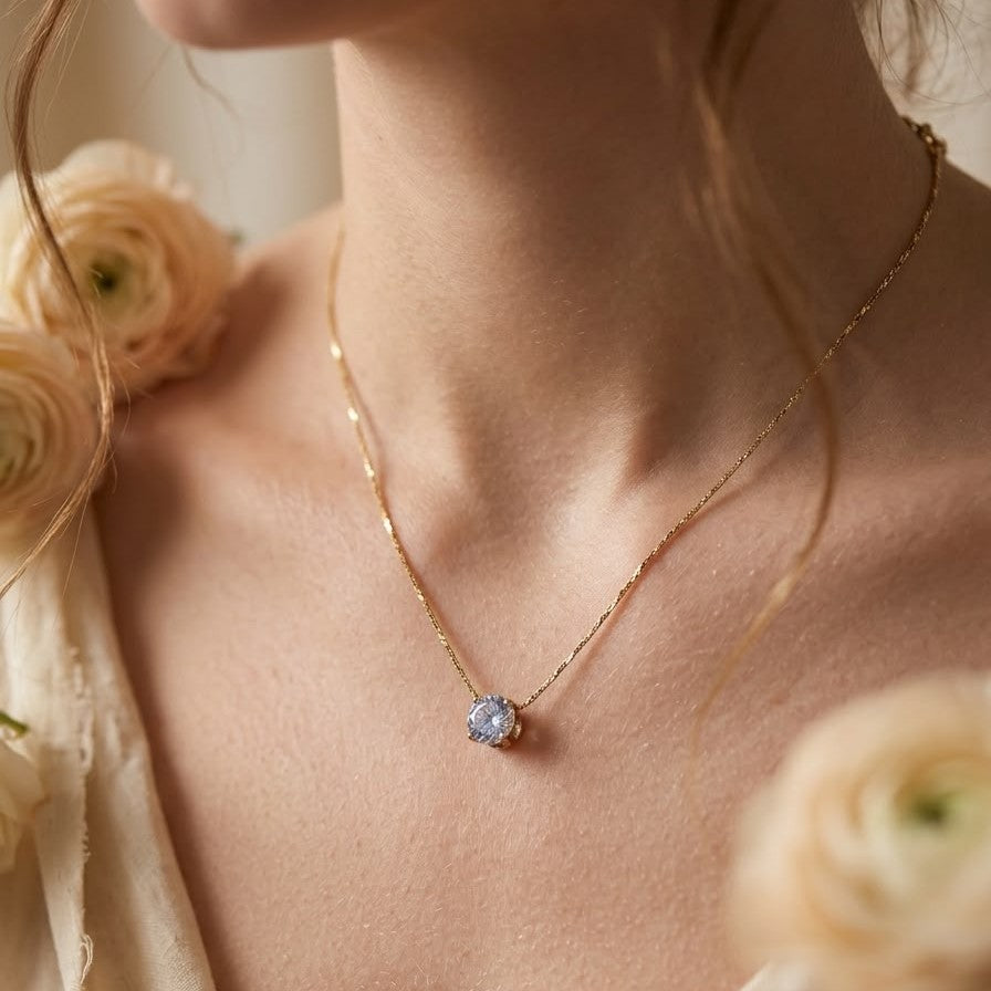 Elegant Gold Plated Chain with Single Round Cut Diamond-Style Stone