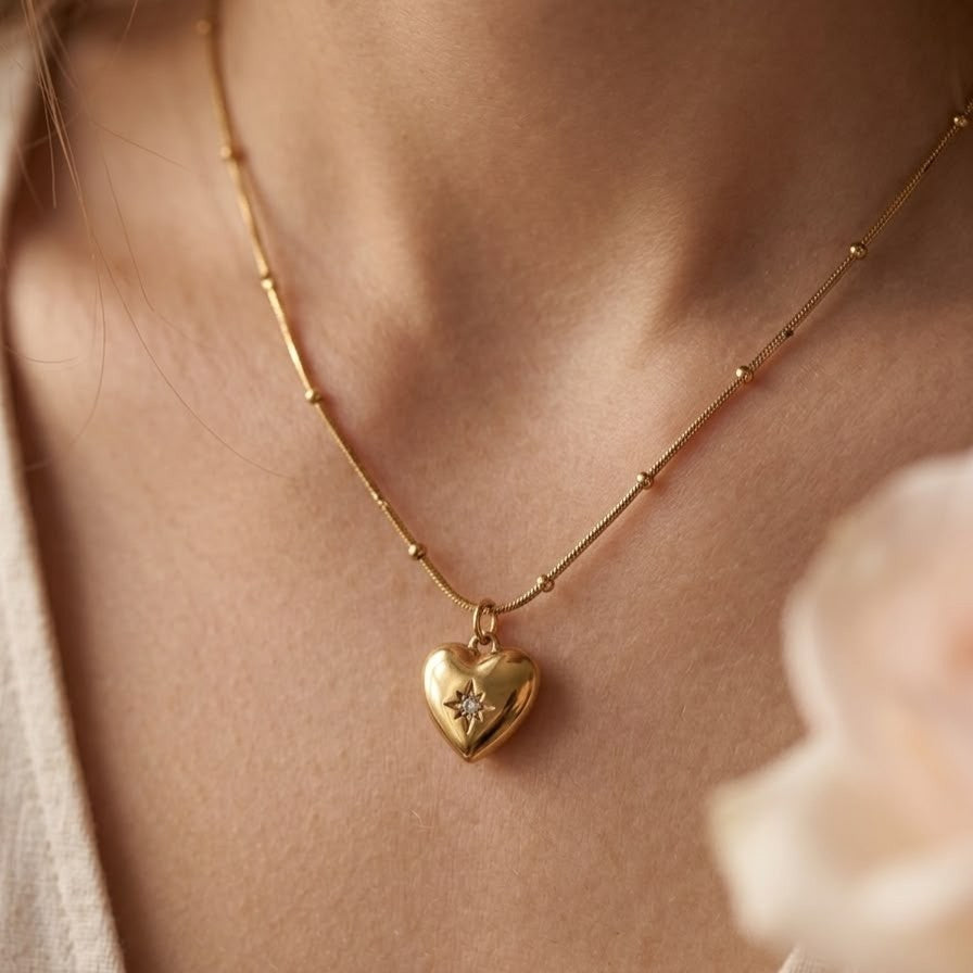 Crystal Starburst Engraved Heart Locket with Beaded Satellite Chain (Non-Tarnish & Waterproof)