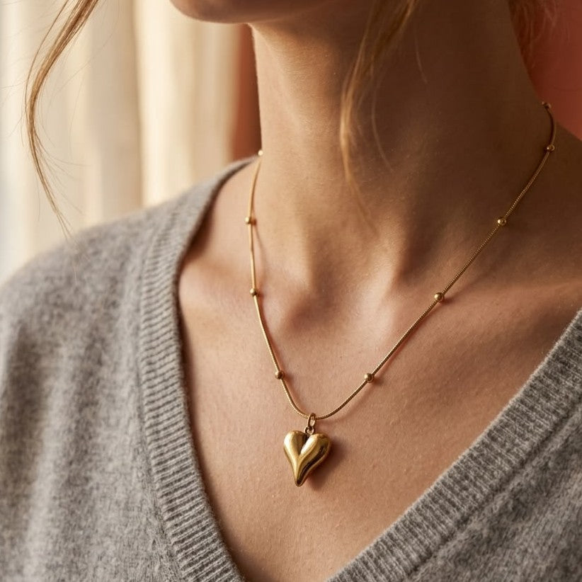 Stainless Steel Puffy Heart Pendant Necklace for Women & Girls