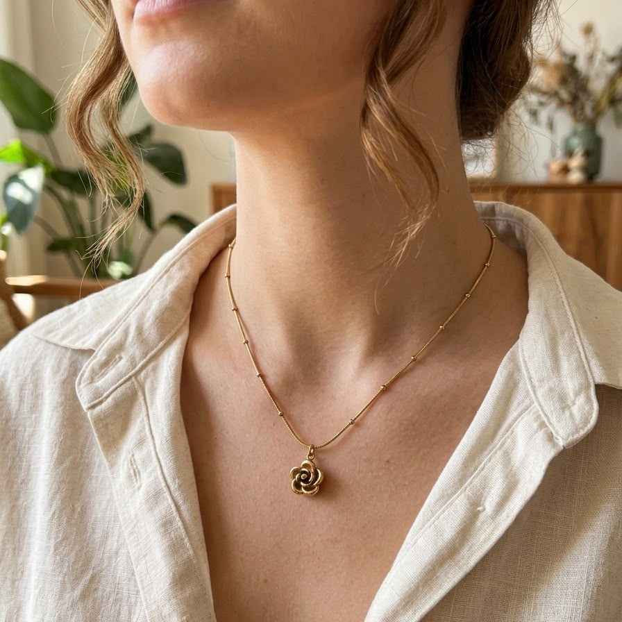 Stainless Steel Rose Blossom Pendant Necklace