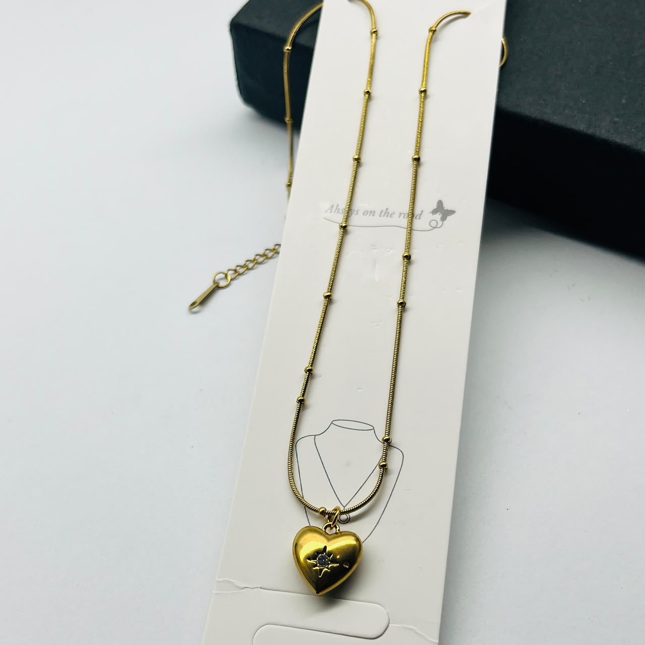Crystal Starburst Engraved Heart Locket with Beaded Satellite Chain (Non-Tarnish & Waterproof)